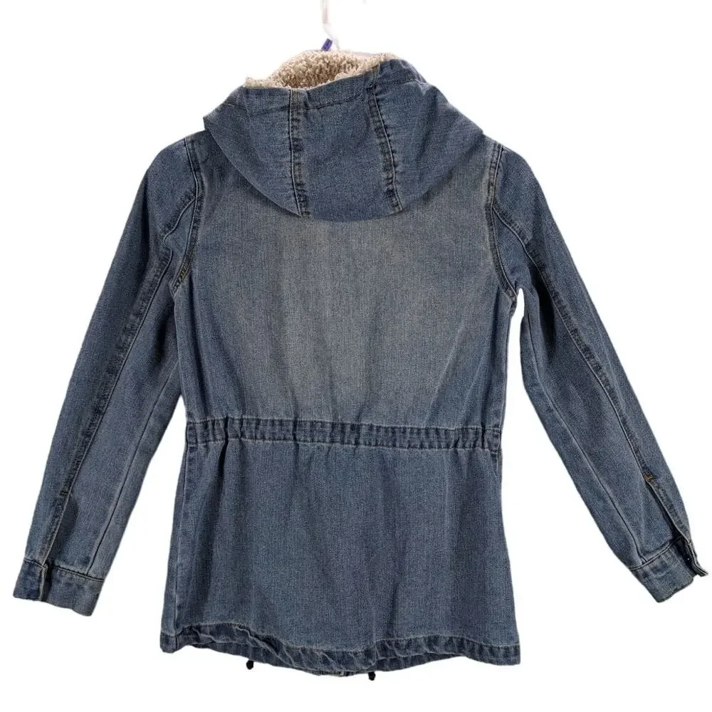 Vintage Denim Jacket Womens Small Hooded Full Zip Snaps Pockets Boho Retro READ